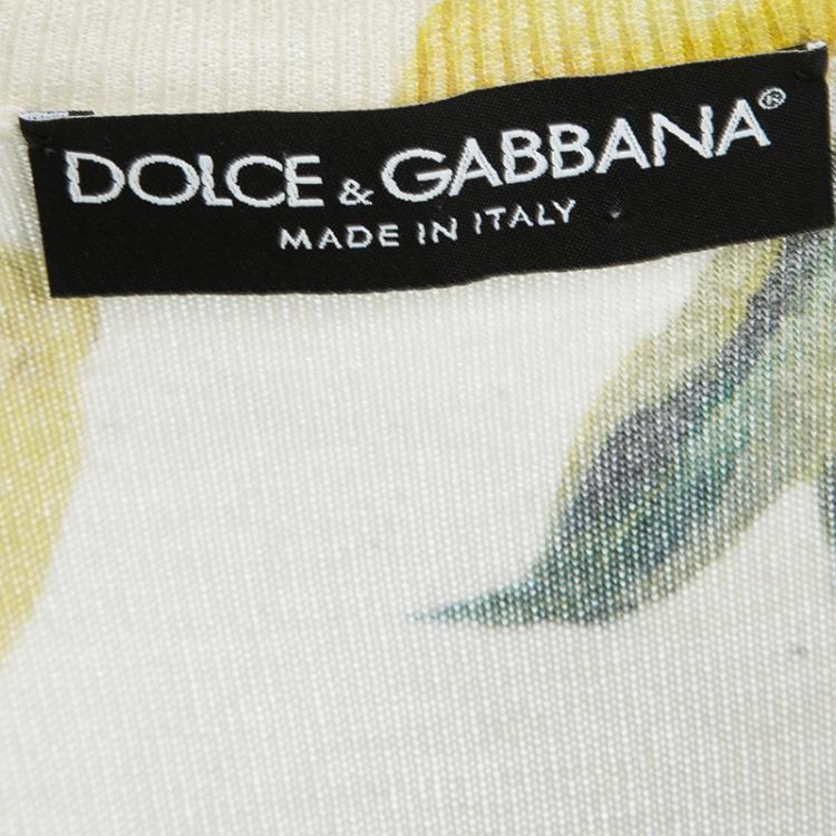 Pre Owned Dolce and Gabbana Cream Lemon Print Cashmere and Silk V Neck Sweater L