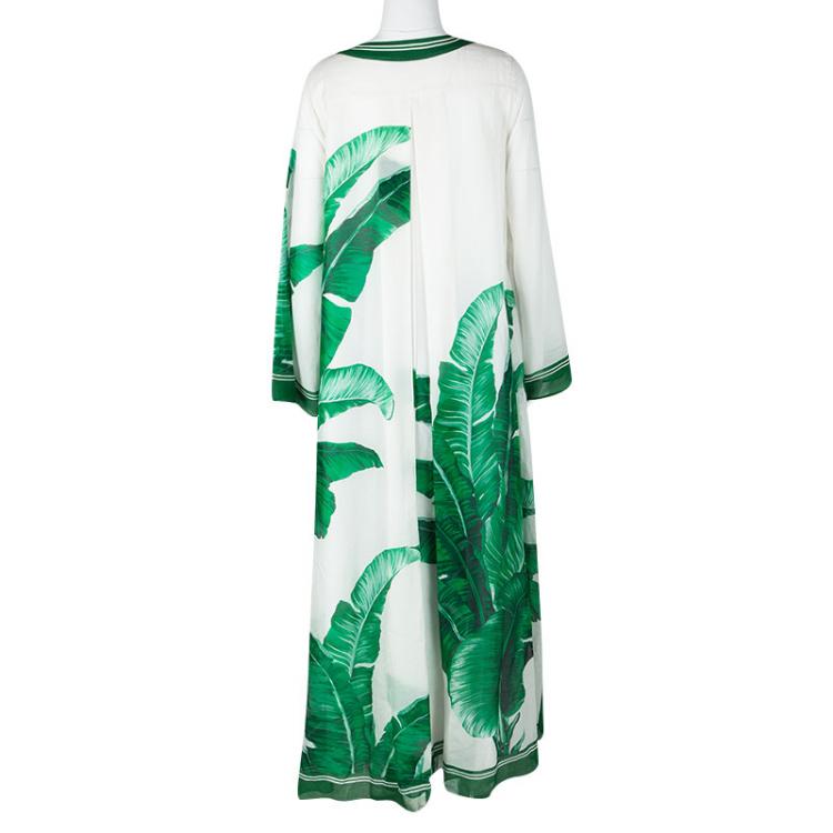 Pre Owned Dolce and Gabbana White Banana Leaf Print Kaftan M