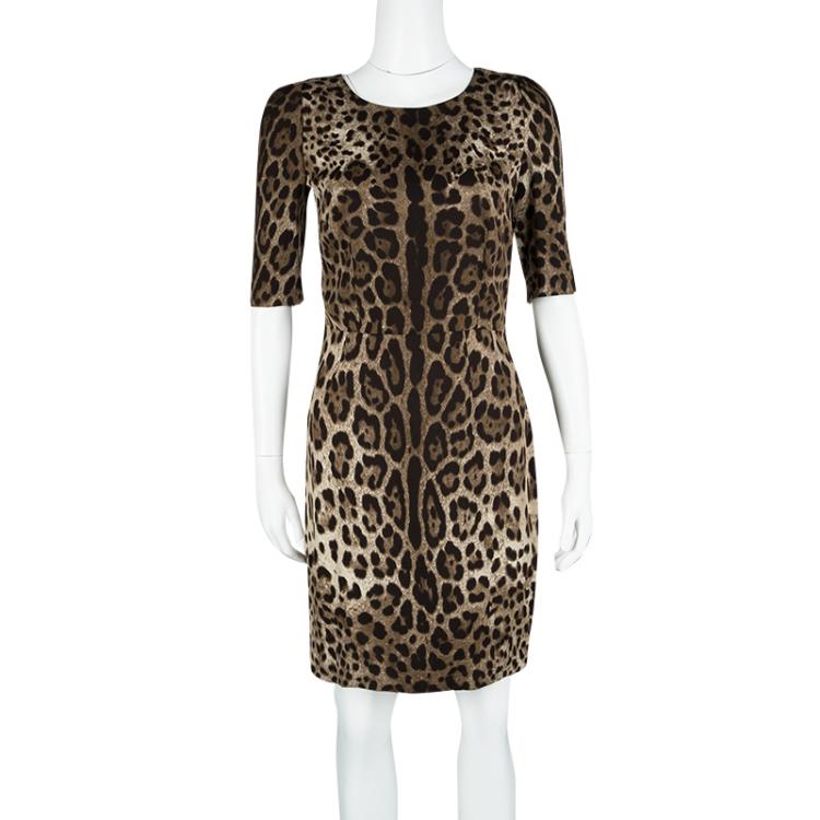 Pre Owned Dolce and Gabbana Brown Leopard Print Short Sleeve Sheath Dress S
