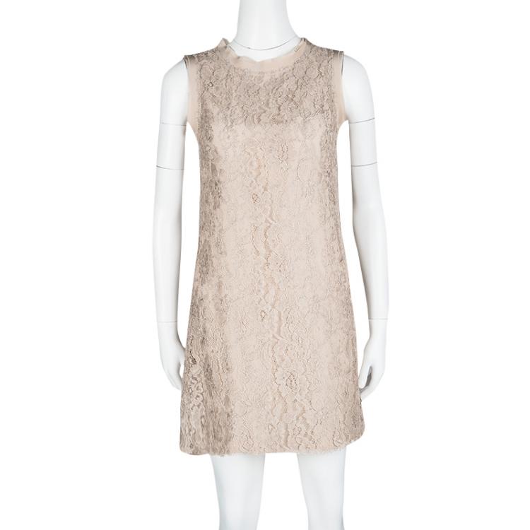 Pre Owned Dolce and Gabbana Beige Floral Lace Sleeveless Dress S