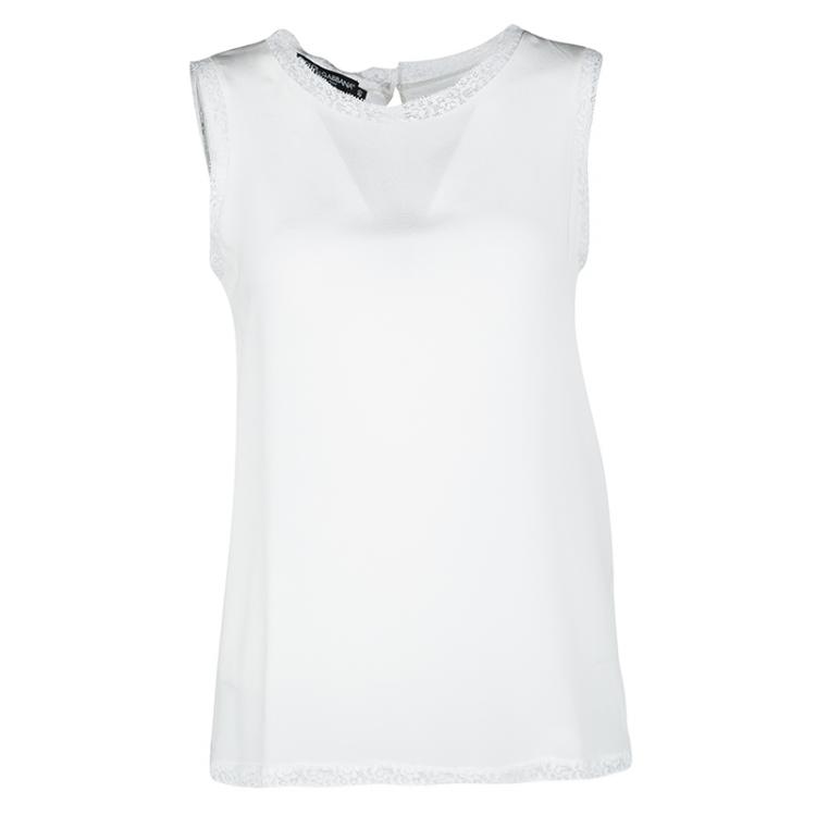 Pre Owned Dolce and Gabbana White Silk Lace Trim Sleeveless Top S