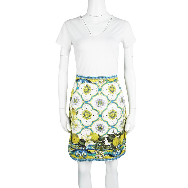 Pre Owned Dolce and Gabbana Multicolor Lemon Printed Embossed Jacquard Skirt M