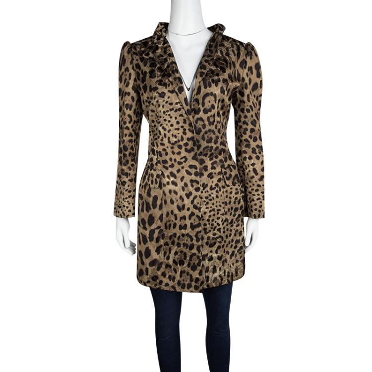 Pre Owned Dolce And Gabbana Brown Animal Print Ruffled Collar Coat M