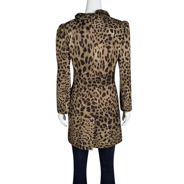 Pre Owned Dolce And Gabbana Brown Animal Print Ruffled Collar Coat M