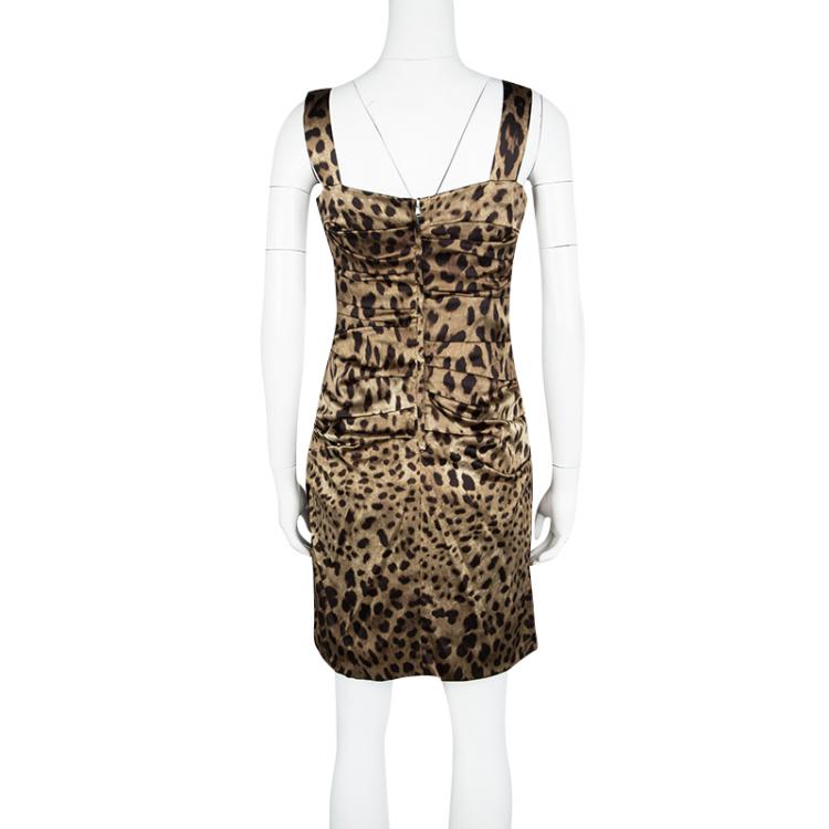 Pre Owned Dolce And Gabbana Leopard Print Ruched Sleeveless Dress M