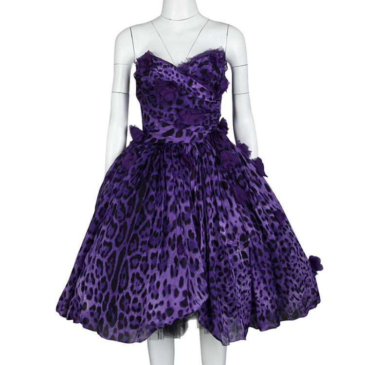 Pre Owned Dolce and Gabbana Purple Leopard Print Floral Applique Strapless Dress M