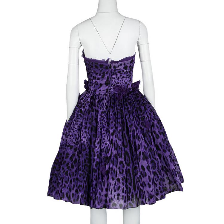Pre Owned Dolce and Gabbana Purple Leopard Print Floral Applique Strapless Dress M