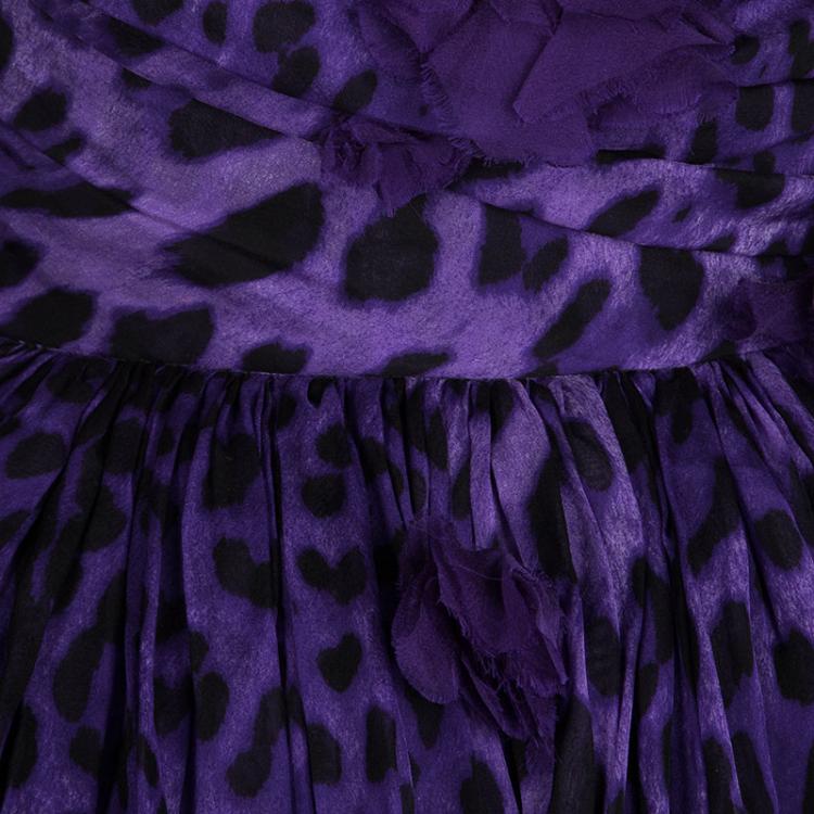 Pre Owned Dolce and Gabbana Purple Leopard Print Floral Applique Strapless Dress M