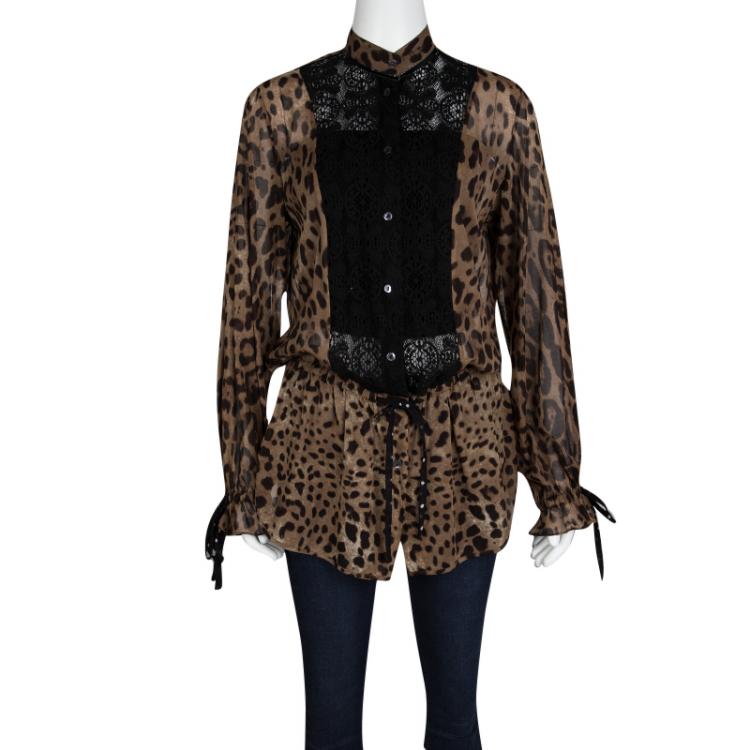 Pre Owned Dolce and Gabbana Brown Animal Print Lace Insert Waist Tie Detail Shirt S