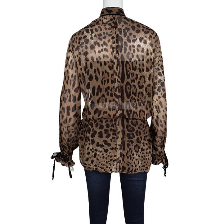 Pre Owned Dolce and Gabbana Brown Animal Print Lace Insert Waist Tie Detail Shirt S