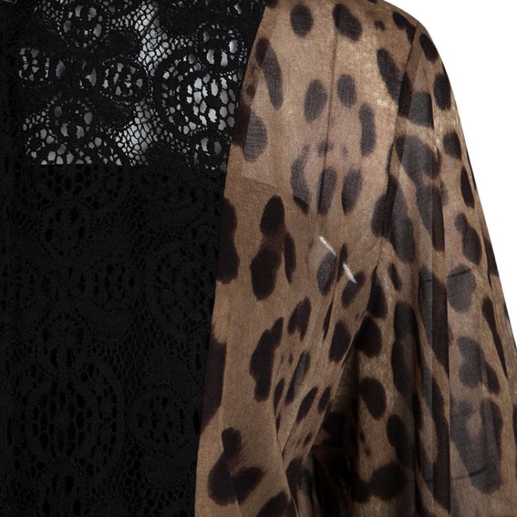 Pre Owned Dolce and Gabbana Brown Animal Print Lace Insert Waist Tie Detail Shirt S