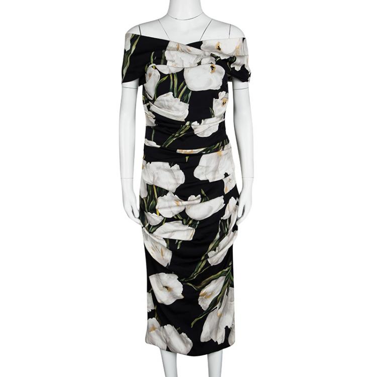 Pre Owned Dolce and Gabbana Black Tulip Print Ruched Silk Off Shoulder Midi Dress M