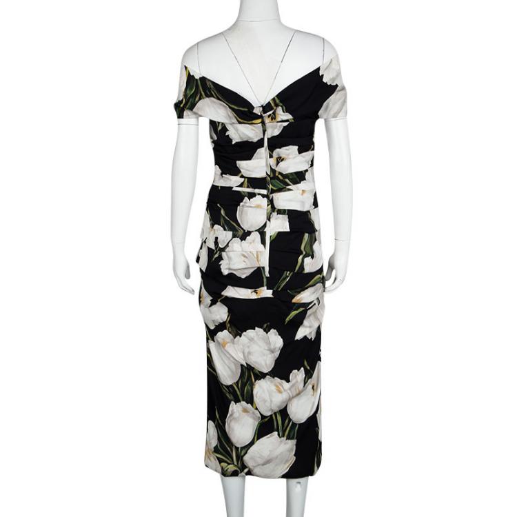 Pre Owned Dolce and Gabbana Black Tulip Print Ruched Silk Off Shoulder Midi Dress M