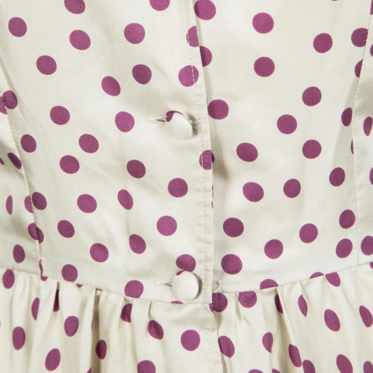 Pre Owned Dolce and Gabbana Beige Polka Dotted Silk Button Front Dress L