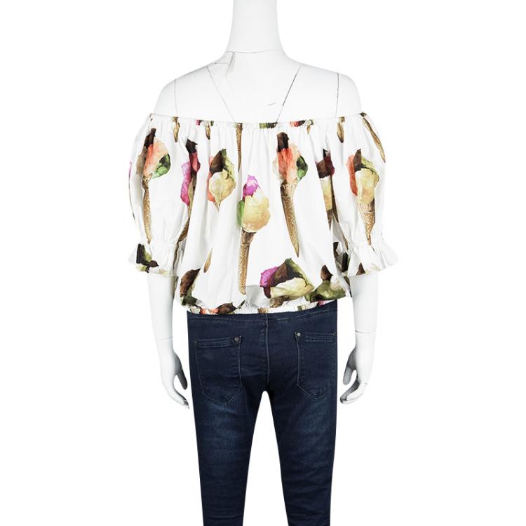مملوكة مسبقًا Dolce and Gabbana White Ice Cream Print Off Shoulder Cotton Crop Top M