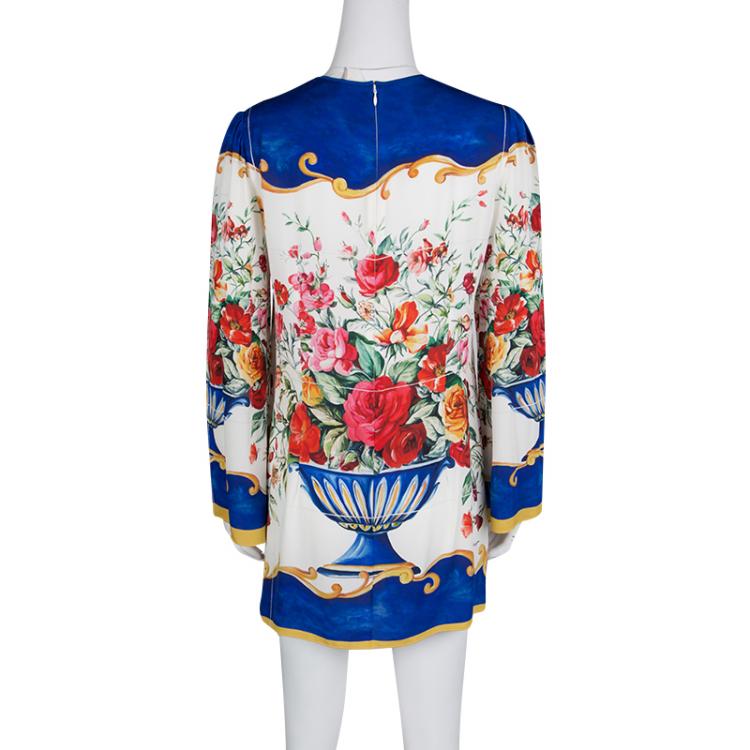 Pre Owned Dolce and Gabbana Caltagirone Floral Vase Print Silk Long Sleeve Dress M
