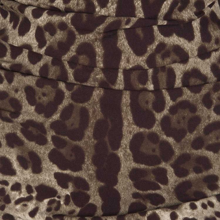 Pre Owned Dolce and Gabbana Animal Print Ruched Silk Long Sleeve Dress M