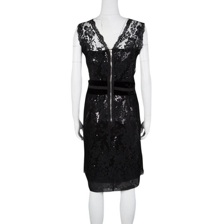 Pre Owned Dolce and Gabbana Black Sequined Floral Lace Sleeveless Dress M