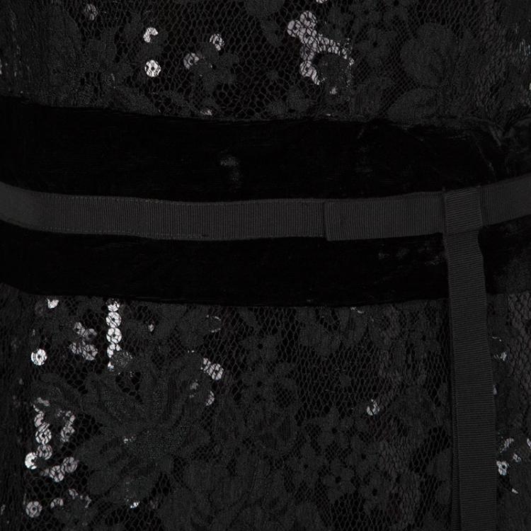 Pre Owned Dolce and Gabbana Black Sequined Floral Lace Sleeveless Dress M