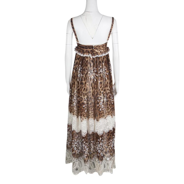 Pre Owned Dolce and Gabbana Animal Printed Silk Embroidered Lace Detail Maxi Dress S