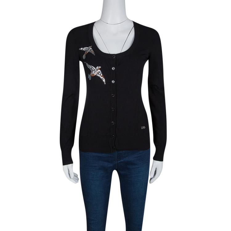 Pre Owned Dolce and Gabbana Black Wool Silk Embroidered Sequin Detail Cardigan M