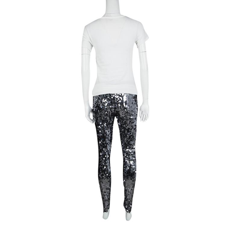 Pre Owned Dolce and Gabbana Silver Sequin Paillette Embellished Leggings M
