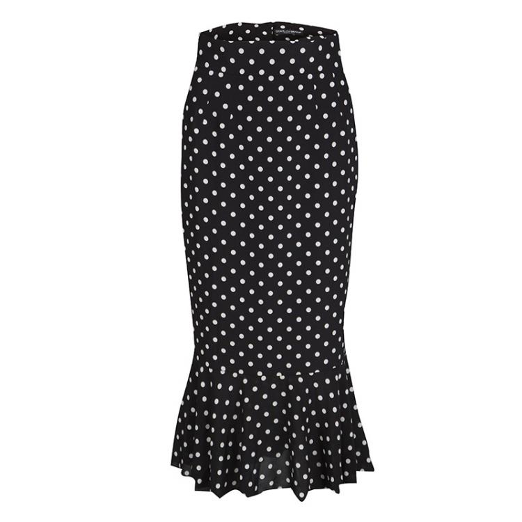 Pre Owned Dolce & Gabbana Monochrome Polka Dot Ruffle Bottom Silk Skirt S