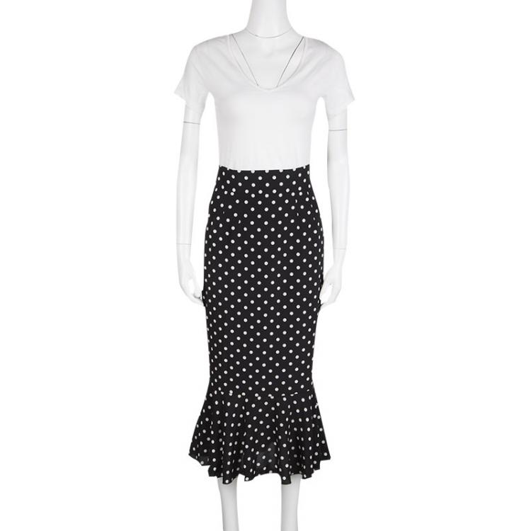 Pre Owned Dolce & Gabbana Monochrome Polka Dot Ruffle Bottom Silk Skirt S