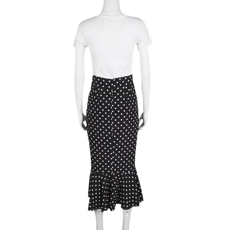 Pre Owned Dolce & Gabbana Monochrome Polka Dot Ruffle Bottom Silk Skirt S