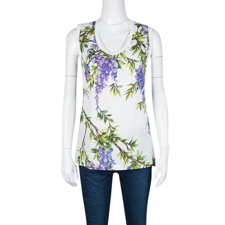 Pre Owned Dolce and Gabbana White Cotton Wisteria Print Sleeveless Top S