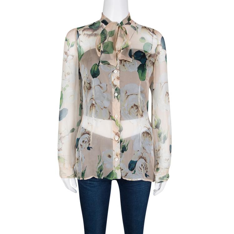 Pre Owned Dolce and Gabbana Beige Floral Printed Silk Tie Detail Sheer Blouse S