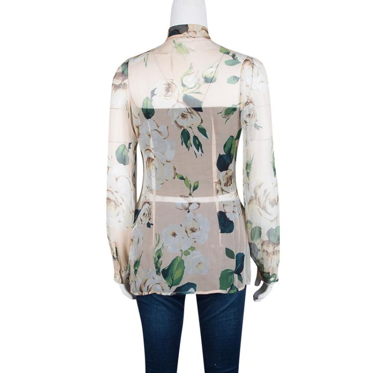 Pre Owned Dolce and Gabbana Beige Floral Printed Silk Tie Detail Sheer Blouse S
