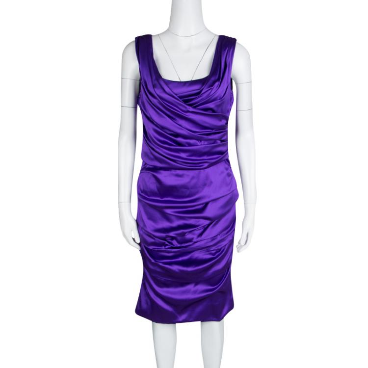Pre Owned Dolce and Gabbana Puple Satin Ruched Sleeveless Dress L