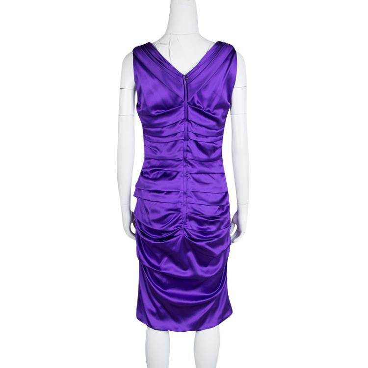 Pre Owned Dolce and Gabbana Puple Satin Ruched Sleeveless Dress L