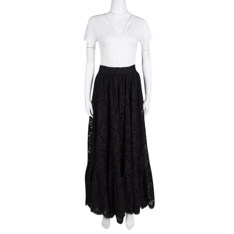 Pre Owned Dolce and Gabbana Black Lace Scalloped Bottom Maxi Skirt S