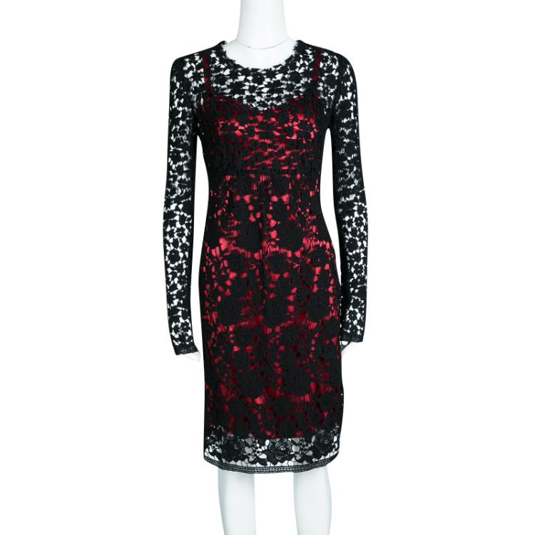 Pre Owned Dolce and Gabbana Black Embroidered Lace Contrast Lined Long Sleeve Dress S