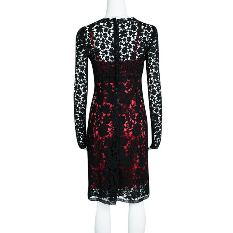 Pre Owned Dolce and Gabbana Black Embroidered Lace Contrast Lined Long Sleeve Dress S