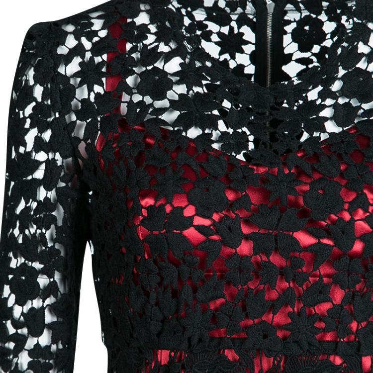 Pre Owned Dolce and Gabbana Black Embroidered Lace Contrast Lined Long Sleeve Dress S