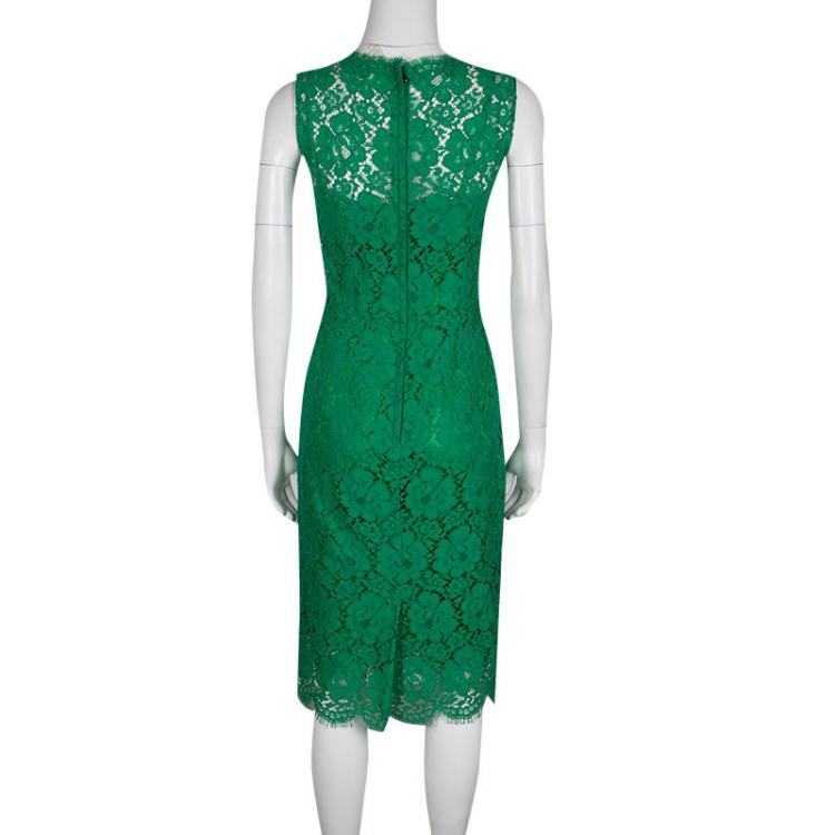 Pre Owned Dolce and Gabbana Green Floral Lace Scalloped Hem Sleeveless Dress S 