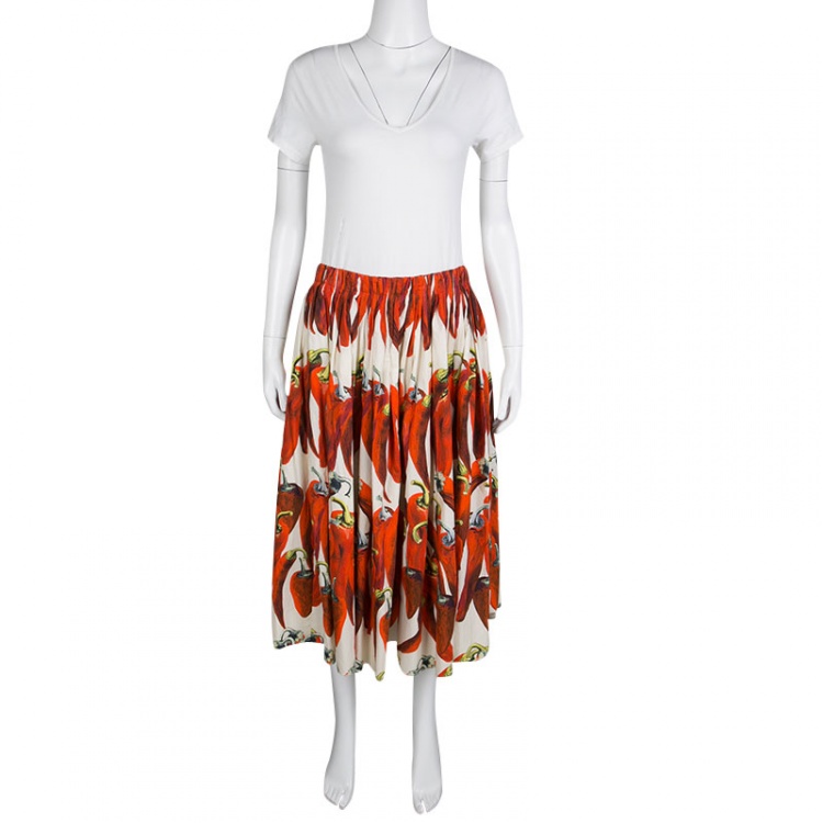 Pre Owned Dolce and Gabbana Chili Pepper Print Gathered Cotton Poplin Midi Skirt M