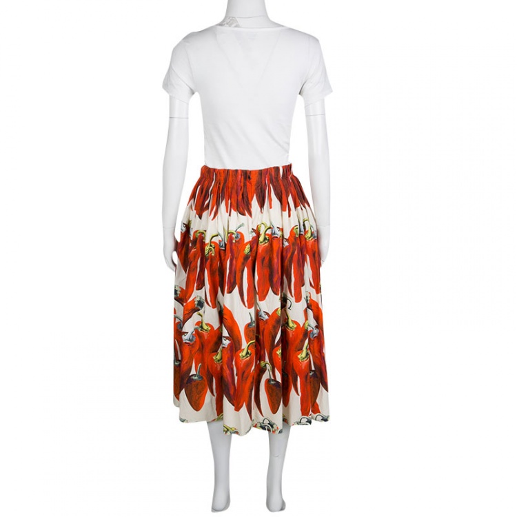 Pre Owned Dolce and Gabbana Chili Pepper Print Gathered Cotton Poplin Midi Skirt M