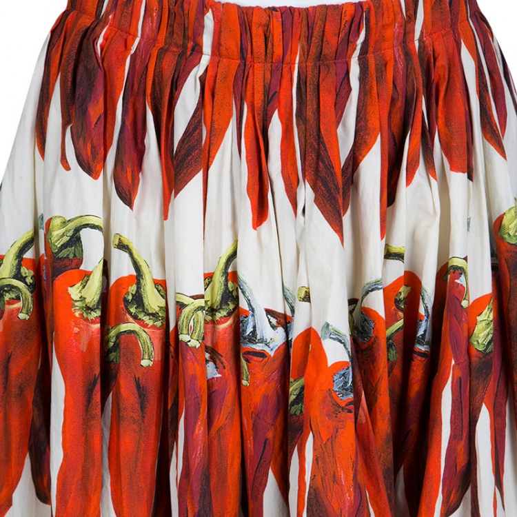 Pre Owned Dolce and Gabbana Chili Pepper Print Gathered Cotton Poplin Midi Skirt M