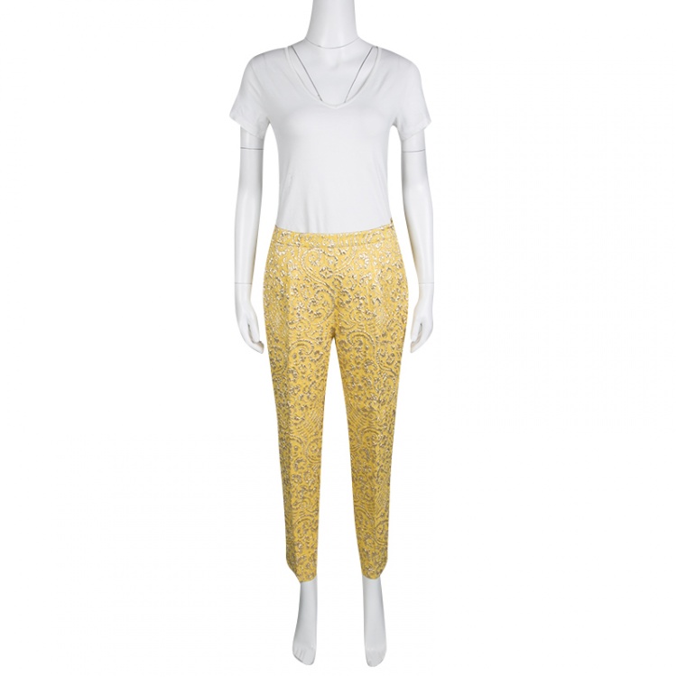 Pre Owned Dolce and Gabbana Yellow Lurex Floral Jacquard Cropped Pants M