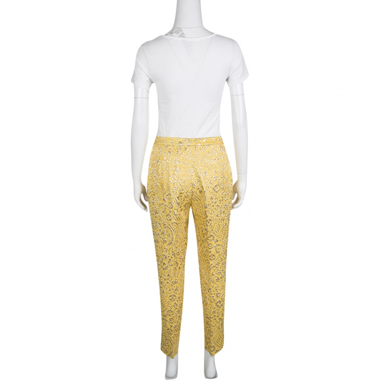Pre Owned Dolce and Gabbana Yellow Lurex Floral Jacquard Cropped Pants M