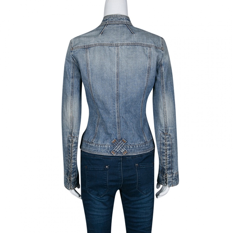 Pre Owned Dolce and Gabbana Blue Faded Effect Distressed Denim Jacket S