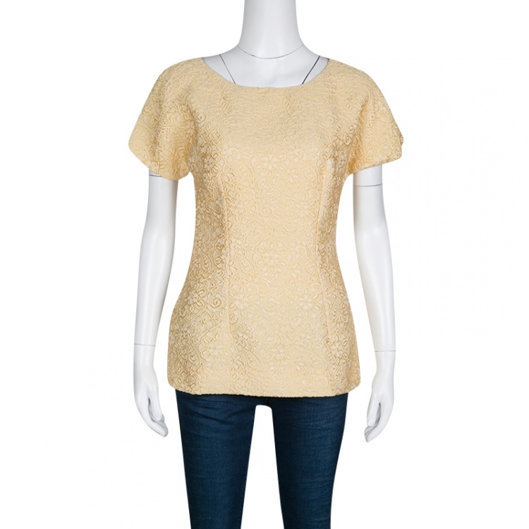 Pre Owned Dolce and Gabbana Ochre Yellow Embossed Jacquard Fitted Top S