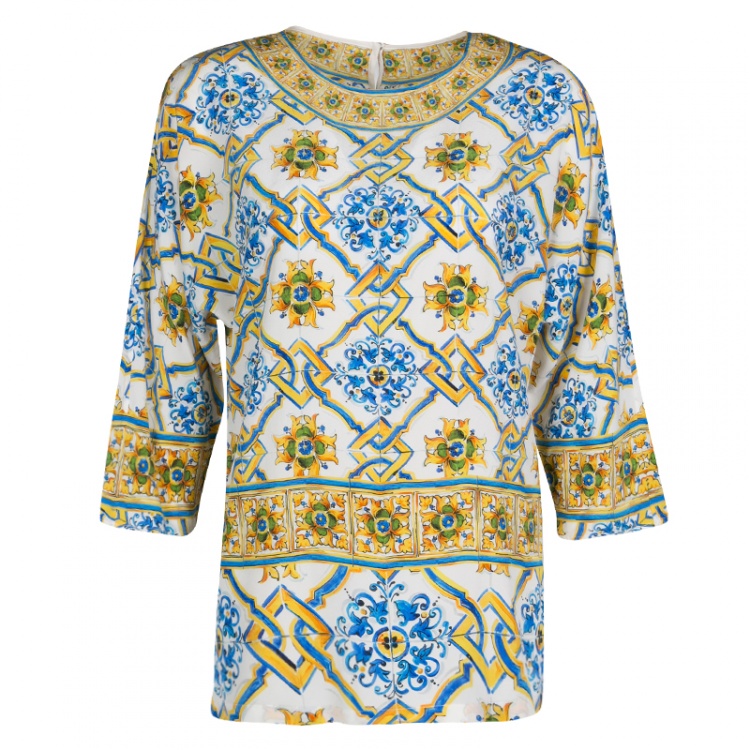 Pre Owned Dolce and Gabbana Majolica Print Dolman Sleeve Silk Top S