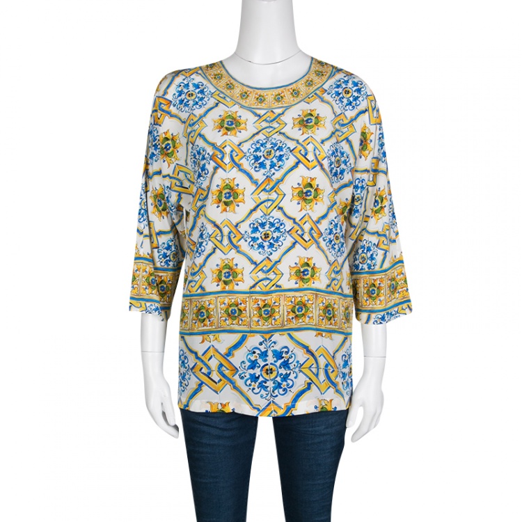 Pre Owned Dolce and Gabbana Majolica Print Dolman Sleeve Silk Top S