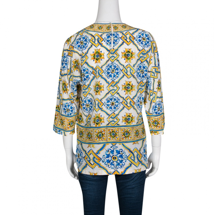 Pre Owned Dolce and Gabbana Majolica Print Dolman Sleeve Silk Top S