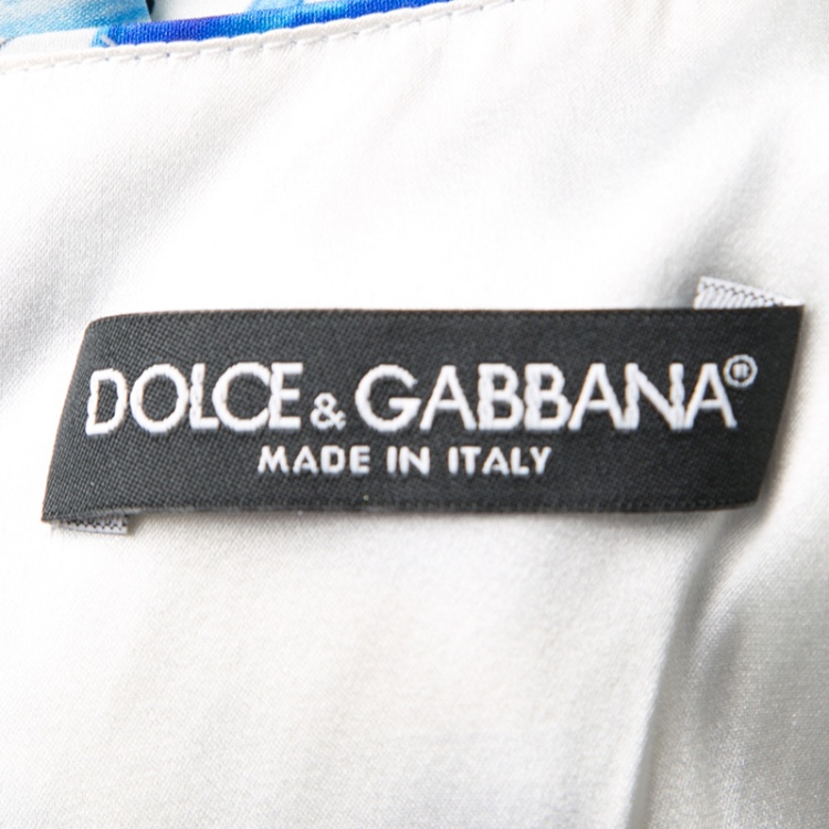 Pre Owned Dolce and Gabbana Blue and White Majolica Printed Silk Ruched Sleeveless Dress S